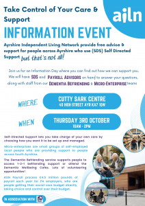 Blue and White Advertising Poster for AILN's Information Day Event at the Cutty Sark Centre in Ayr on Thursday 3rd October 10am - 2pm